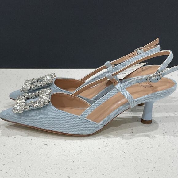 NEW Slingback Heels Rhinestone Blue Denim Sz 5 A New Day - Picture 7 of 8